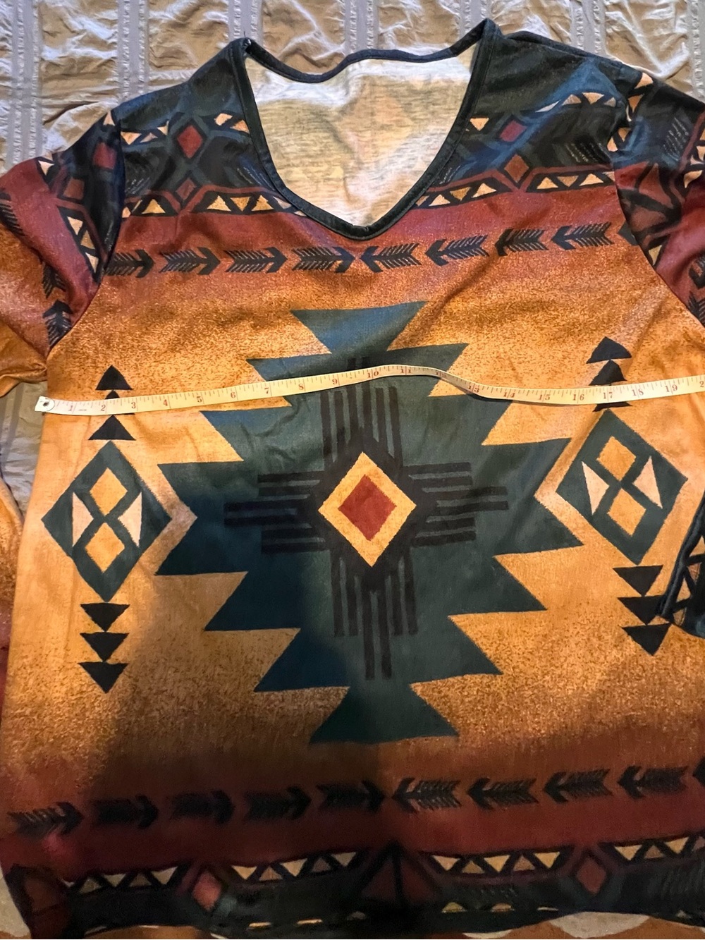 Southwestern Aztec Print V-Neck Top in Teal and Rust